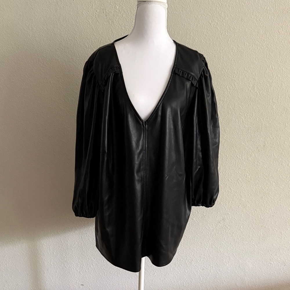 Marc New York Black FAUX LEATHER V-Neck Blouse